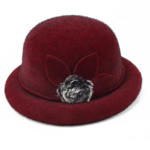 Women Winter Cloche Hat Woolen Polyester Elegant Floral Decor Faux Fur Ball Warm Retro Bucket Cap