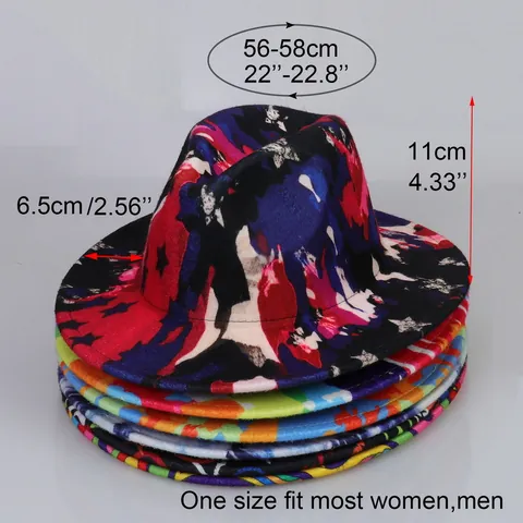 Women Men Cotton Polyester Tie Dye Fedora Hat Wide Brim Digital Print Vintage Jazz Cap Street Style Graffiti Headwear