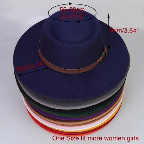 Vintage Britischer Stil Flacher Hut Baumwolle Polyester Mischung Breite Krempe Fedora Mit Leder Gürtelschnalle Unisex