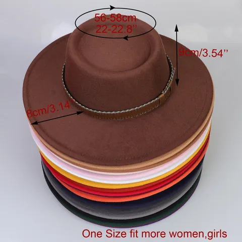 Women Fashion Solid Color Polyester Fedora Hat With Leather Decorative Band Vintage Flat Top Wide Brim Warm Sun Hat Accessory