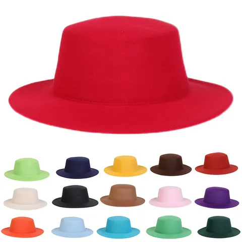 Vintage Flat Top Wide Brim Fedora Hat For Men Women Unisex Woolen Polyester Felt Boater Hat Adjustable Size British Style Church Party Sun Hat