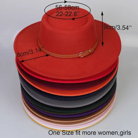 Vintage Unisex Flat Top Boater Hat Wide Brim Polyester Felt Fedora With Leather Belt Buckle Autumn Winter Fashion Sun Hat Travel Hat