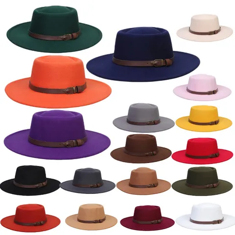 Vintage British Style Flat Top Boater Hat Cotton Polyester Blend Wide Brim Fedora With Leather Belt Buckle For Men Women