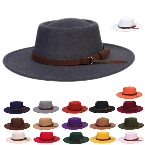 Retro Wide Brim Flat Top Fedora Hat Cotton Polyester Blend Woolen Feel Jazz Hat With Leather Band Metal Buckle For Men Women