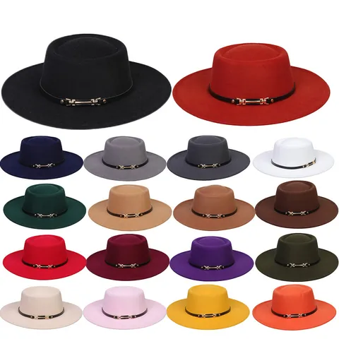 Vintage Flat Top Fedora Hat Wide Brim Wool Felt Jazz Hat For Men Women With Leather Band Gold Metal Buckle Cotton Polyester Solid Color Autumn Winter Elegant Headwear