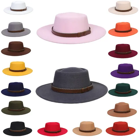 Women Fashion Solid Color Polyester Fedora Hat With Leather Decorative Band Vintage Flat Top Wide Brim Warm Sun Hat Accessory