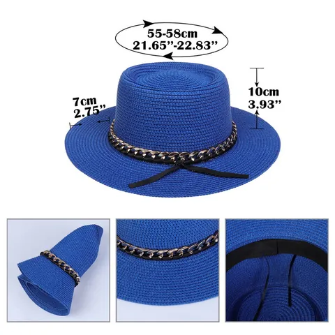 Chapeau Canotier en Paille d'Été pour Femmes Avec Chaîne en Métal Doré et Nœud en Ruban Noir Protection Solaire Plage