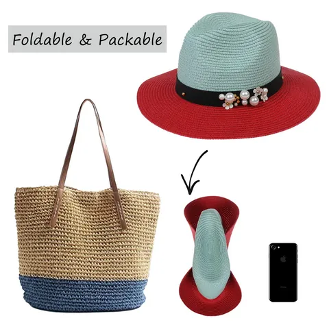 Vintage Women Color Block Straw Fedora Hat Artificial Pearl Flower Decoration Wide Brim Summer Beach Holiday Sun Protection Straw Hat