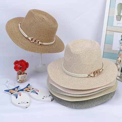 Casual Wide Brim Panama Paper Hat Women Foldable Summer Sun Hat With Decorative Metal Chain And Woven Rope Beach Fedora