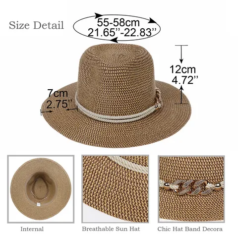 Casual Wide Brim Panama Paper Hat Women Foldable Summer Sun Hat With Decorative Metal Chain And Woven Rope Beach Fedora