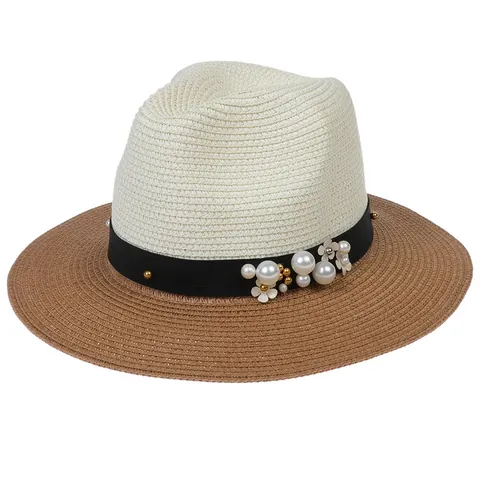 Vintage Women Color Block Straw Fedora Hat Artificial Pearl Flower Decoration Wide Brim Summer Beach Holiday Sun Protection Straw Hat