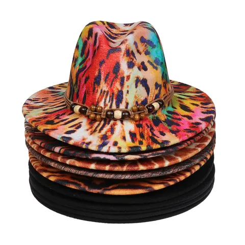 Sombrero Fedora Vintage Bicolor De Ala Ancha Para Hombre Mujer Sombrero Jazz De Fieltro De Lana Degradado Leopardo Con Banda De Cuentas