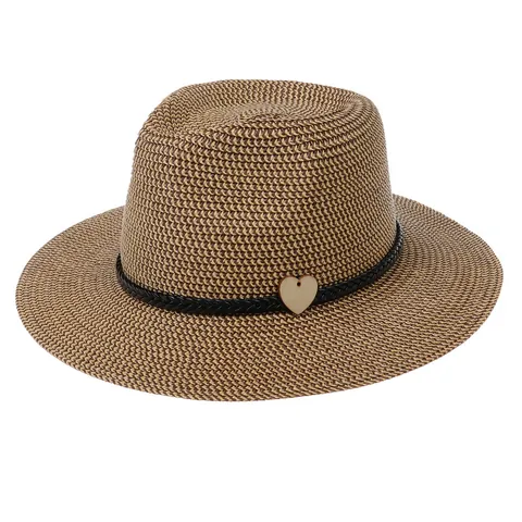 Damen Mode Faltbarer Strohhut Sonnenhut Breite Krempe Packbar Strand Fedora Hut Mit Herz Anhänger Geflochtenes Band Sommer