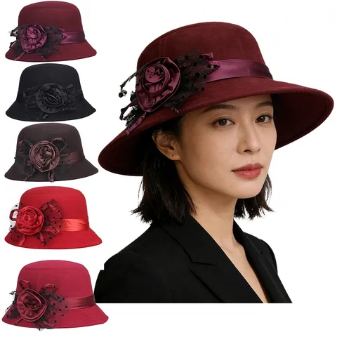 Eleganter Damen Vintage Glockenhut Mit Satinblume Netz Punkte Dekoration Warmer Winter Herbst Mode Anglerhut