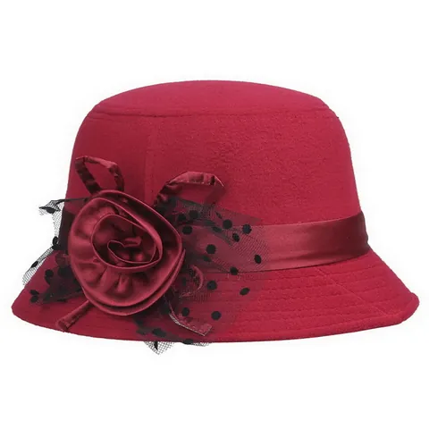 Eleganter Damen Vintage Glockenhut Mit Satinblume Netz Punkte Dekoration Warmer Winter Herbst Mode Anglerhut