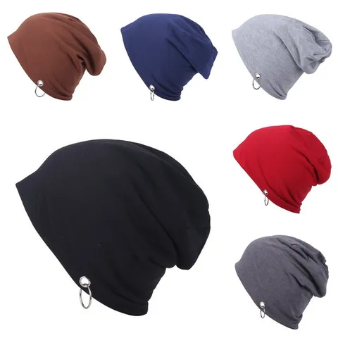 Gorro Beanie Slouchy Con Anillos de Metal Plateado Streetwear Punto Poliéster Color Sólido Skull Cap Para Hombre Mujer