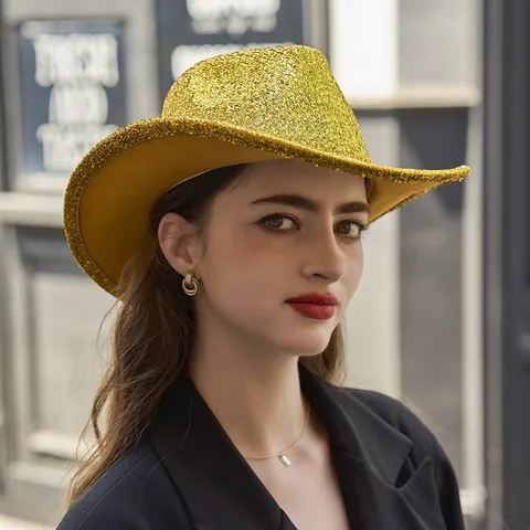 Chapeau de Cowboy Occidental à Paillettes Brillantes pour Femmes Hommes Fête Jazz Fedora Costume Performance Bal Bord Large Chapeau Scintillant