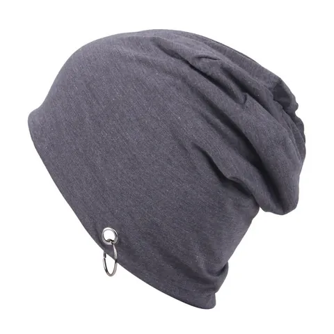 Gorro Beanie Slouchy Con Anillos de Metal Plateado Streetwear Punto Poliéster Color Sólido Skull Cap Para Hombre Mujer
