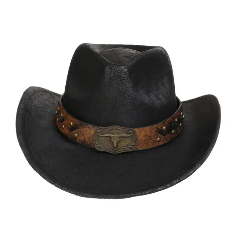 Western Vintage Cowboyhut Gecraqueltes Kunstleder Breitkrempiger Fedora Mit Stierkopf-Schnalle Nieten Für Herren Damen Outdoor Mode Hut
