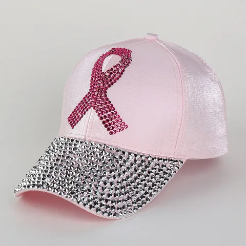 Women Fashion Satin Baseball Cap Rhinestone Pink Ribbon Breast Cancer Awareness Adjustable Polyester Sun Hat For Outdoor Casual
