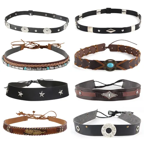 Western Bohemian Leather Hat Band For Women Men Faux Leather Hat Belt With Bull Skull Bullet Rivets Decoration Handmade Boho Hat Accessory