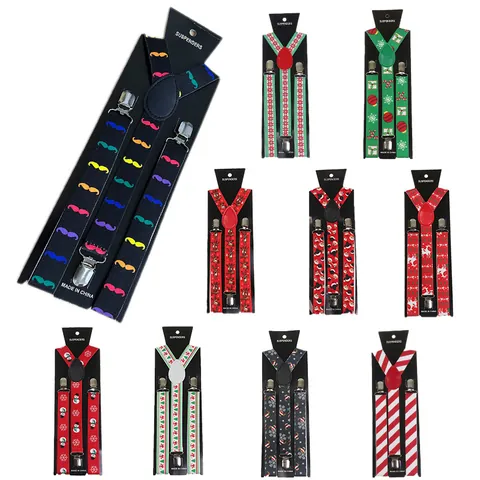 Unisex Adjustable Elastic Y-Back Suspenders With Strong Metal Clips Printed Christmas Reindeer Mustache Pattern Festive Suspenders