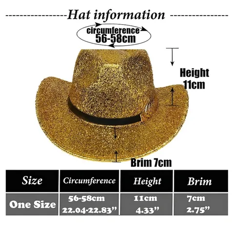 Cappello da Cowboy Occidentale Luccicante con Paillettes per Uomo Donna Cappello da Festa a Tesa Larga con Fascia Nera e Fibbia a Piuma