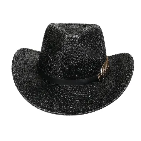 Chapeau de Cowboy Western Scintillant à Paillettes pour Hommes Femmes Chapeau de Fête à Bord Large avec Bande Noire et Boucle en Plumes