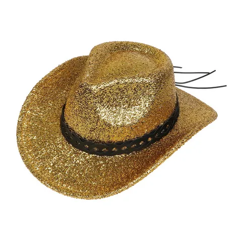 Chapeau de Cowboy à Paillettes Scintillantes Style Occidental Fête Disco Avec Bande Tressée Et Cordon Pour Spectacle Homme Femme Accessoires