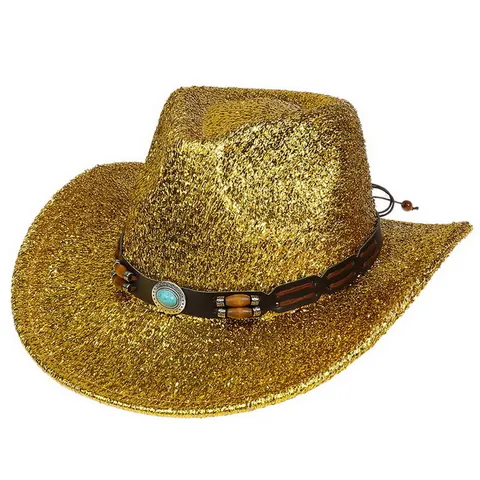 Chapeau de Cowboy Western à Paillettes pour Femmes Hommes Scintillant Glitter Fedora Chapeau de Fête avec Décor de Perles