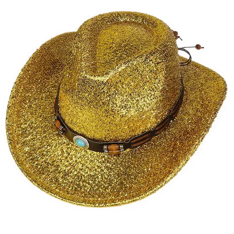 Chapeau de Cowboy Occidental Avec Paillettes Scintillantes Bandeau en Cuir Turquoise Perles en Bois Chapeau pour Fête Spectacle Femme Homme