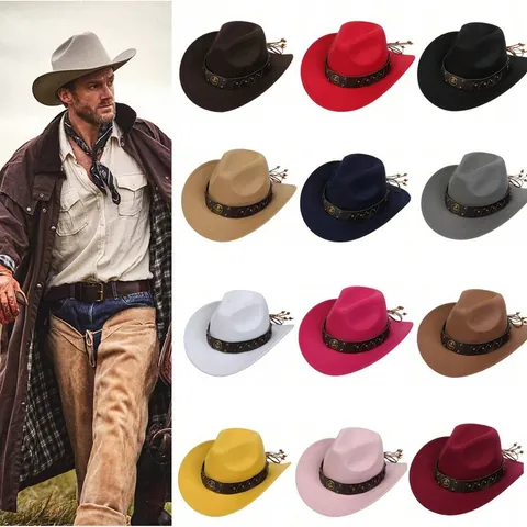 Cappello da Cowboy in Poliestere Stile Western per Uomo Donna Retro Britannico Fedora Jazz a Tesa Larga Con Fascia Etnica Rivetti Accessori