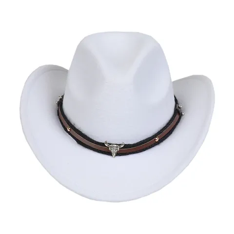 Chapeau de Cow-boy de l'Ouest Rétro pour Femmes Hommes Chapeau en Feutre Ethnique Avec Décor en Métal Tête de Taureau
