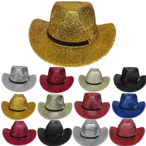 Women Western Cowboy Hat Glitter Metallic Jazz Hat With Wide Brim Feather Decoration Party Stage Performance Sunshade Hat