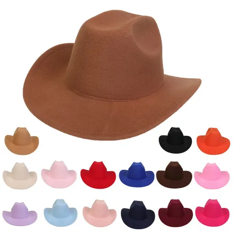 Western Cowboy Hat Wide Brim Solid Color Polyester Felt Fedora Hat For Men Women Outdoor Fashion Sunshade Warm Winter Cap