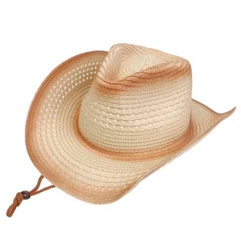 Cappello da Cowboy Western in Paglia Sfumata Cappello da Sole a Tesa Larga Con Corda Antivento Per Viaggi All'aperto Escursionismo Sombrero Intrecciato