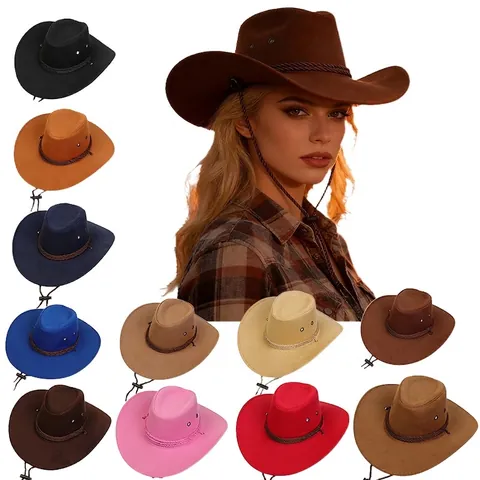 Western Cowboy Hat Faux Suede Wide Brim Outdoor Sun Hat With Adjustable Chin Strap For Women Men Vintage Fashion Cap