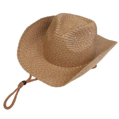 Damen Western Cowboy Strohhut Mit Glänzenden Pailletten Winddicht Verstellbares Seil Sonnenschutz Breite Krempe Strandurlaub Hut