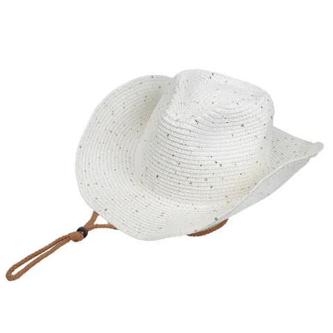 Damen Western Cowboy Strohhut Mit Glänzenden Pailletten Winddicht Verstellbares Seil Sonnenschutz Breite Krempe Strandurlaub Hut