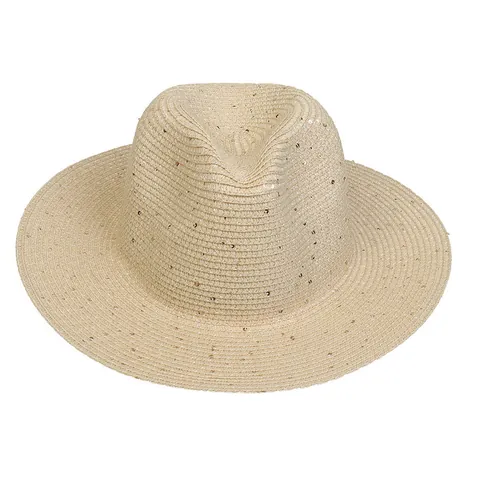 Elegant Women Sequin Straw Jazz Hat Fedora Style Sun Hat For Beach Holiday Breathable Paper Straw Wide Brim Shading Hat