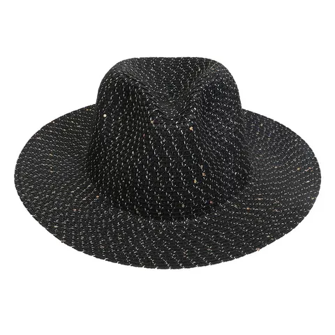 Elegant Women Sequin Straw Jazz Hat Fedora Style Sun Hat For Beach Holiday Breathable Paper Straw Wide Brim Shading Hat
