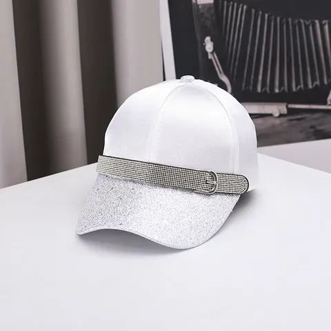 Women Fashion Satin Baseball Cap Rhinestone Sequin Brim Curved Brim Adjustable Sunshade Hat With Rhinestone Belt Buckle