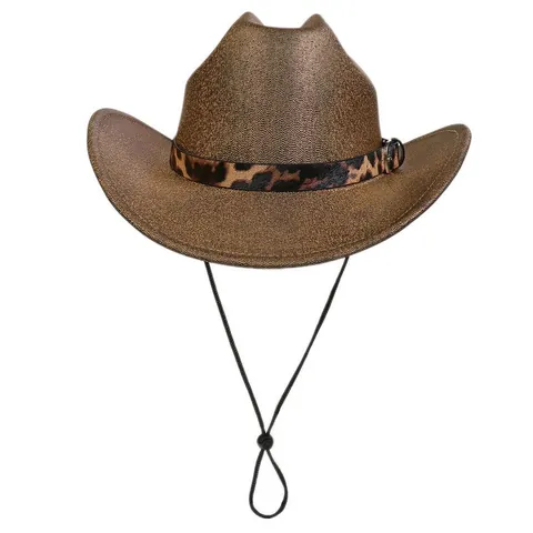 Western Cowboy Hat Polyester Leopard Print Band Adjustable Chin Strap Sun Protection Fashion Party Fedora Hat Men Women Jewelry
