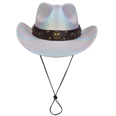Holographic Gradient Western Cowboy Hat With Rivets Leather Belt Adjustable Chin Strap For Halloween Party Unisex