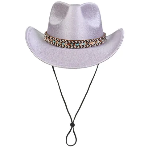 Glitter Western Cowboy Hat For Women With Adjustable Wind Rope And Ethnic Woven Band Fashion Party Dress Up Accessories