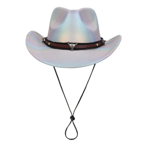 Sombrero de Vaquero Occidental Iridiscente Holográfico de Poliéster Láser Disco Party Sombrero Con Decoración de Cabeza de Toro Para Actuación en Club Nocturno Halloween Adulto