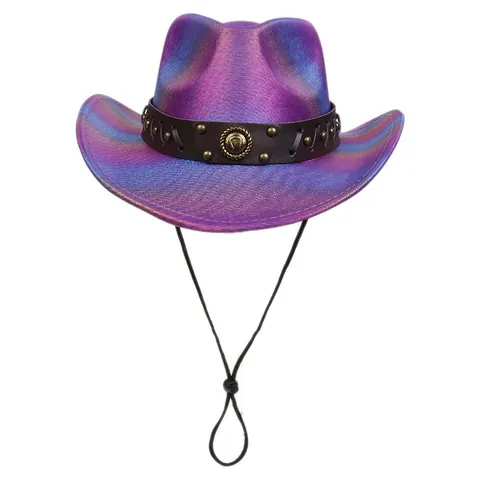 Holographic Gradient Western Cowboy Hat With Rivets Leather Belt Adjustable Chin Strap For Halloween Party Unisex