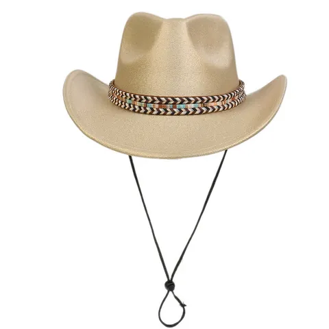 Glitter Western Cowboy Hat For Women With Adjustable Wind Rope And Ethnic Woven Band Fashion Party Dress Up Accessories