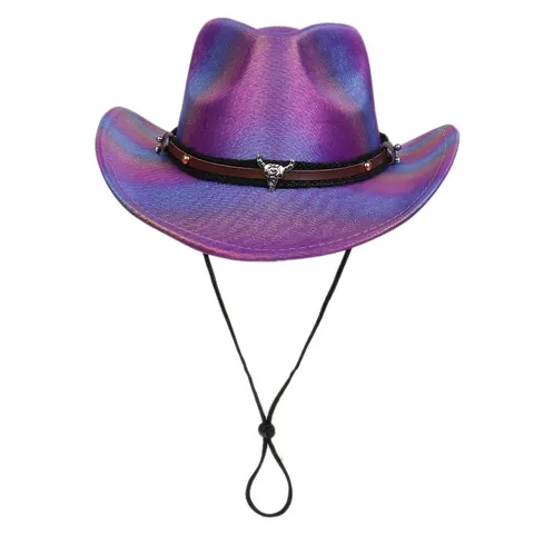 Sombrero de Vaquero Occidental Iridiscente Holográfico de Poliéster Láser Disco Party Sombrero Con Decoración de Cabeza de Toro Para Actuación en Club Nocturno Halloween Adulto