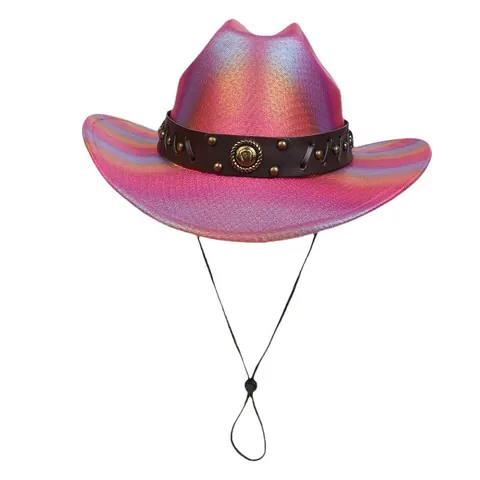 Metallic Holographic Western Cowboy Hat For Men Women Metallic Iridescent Party Hat With Leopard Print Band Adjustable Chin Strap